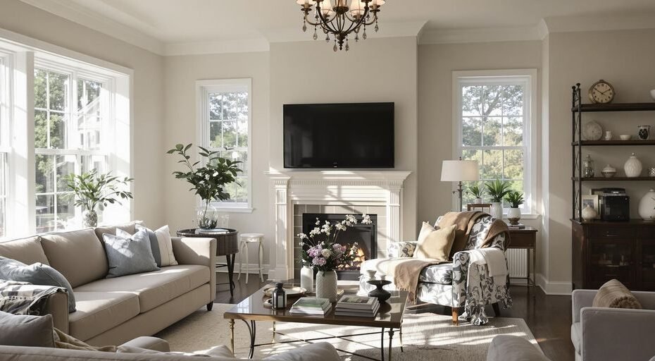 Bright, clean living room with flowers and organized furniture.