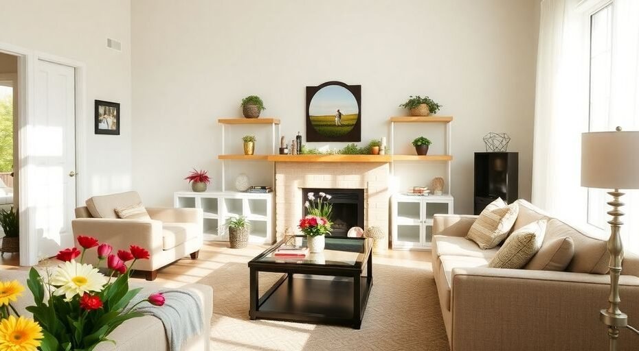 Clean and organized living room with fresh flowers.