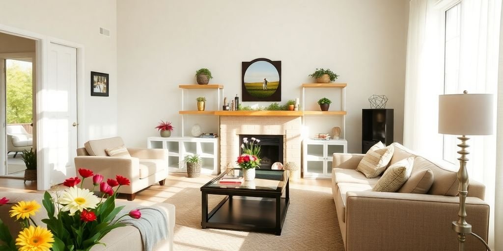 Clean and organized living room with fresh flowers.