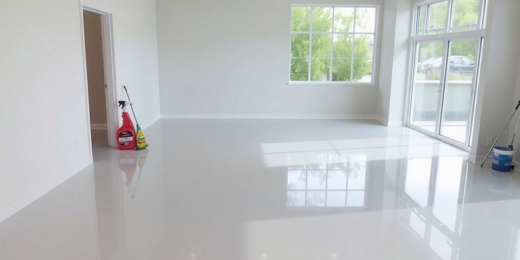 Clean renovated room with sunlight and polished floors.
