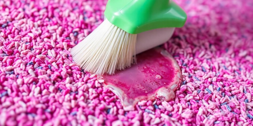 Carpet cleaning process with stain removal solution and brush.