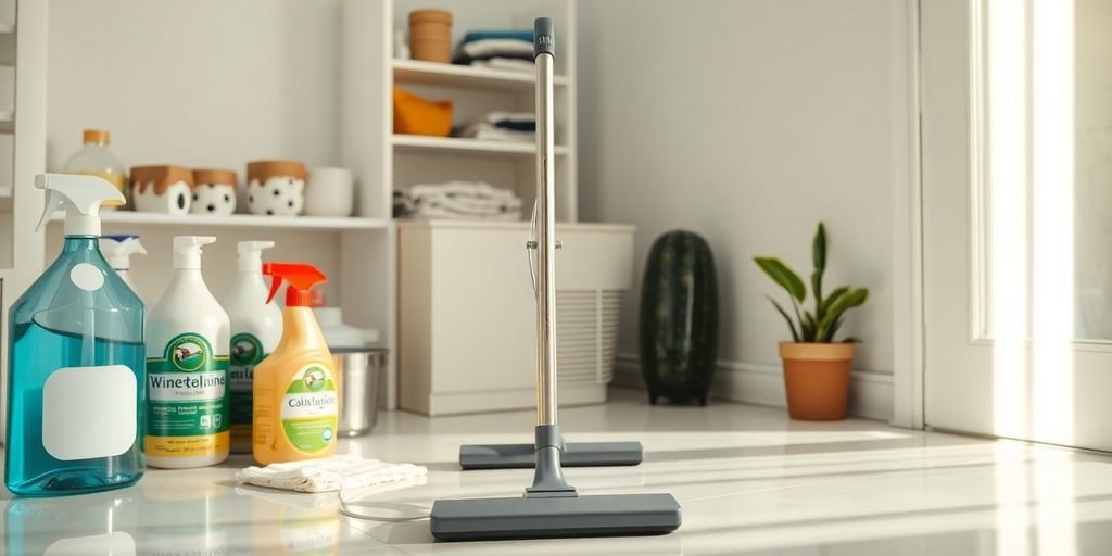 Organized cleaning supplies and a tidy home interior.