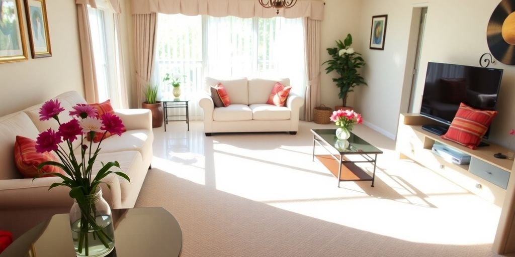 Spotless living room with clean surfaces and fresh flowers.