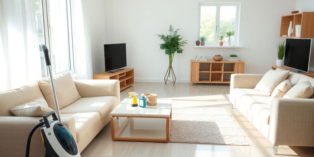 Bright and tidy living room with cleaning supplies nearby.