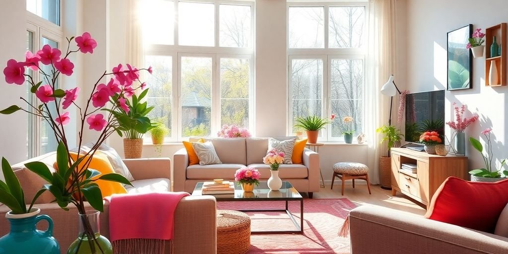 Clean living room with spring decorations and sunlight.
