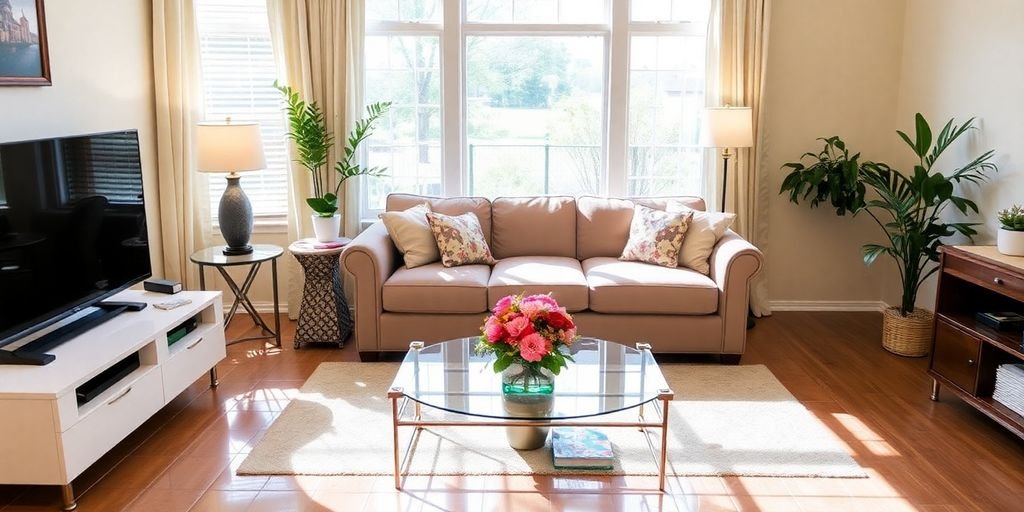 Clean living room with organized furniture and bright decor.