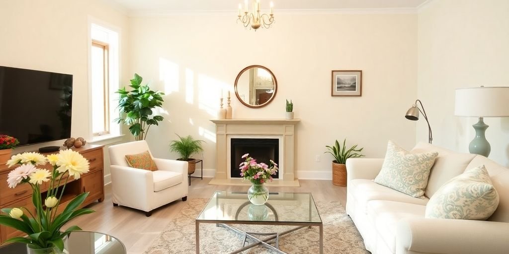 Clean living room with organized decor and fresh flowers.
