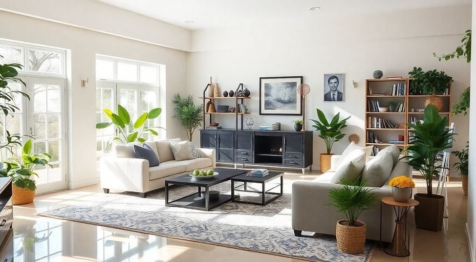 Clean living room with sunlight and organized furniture.