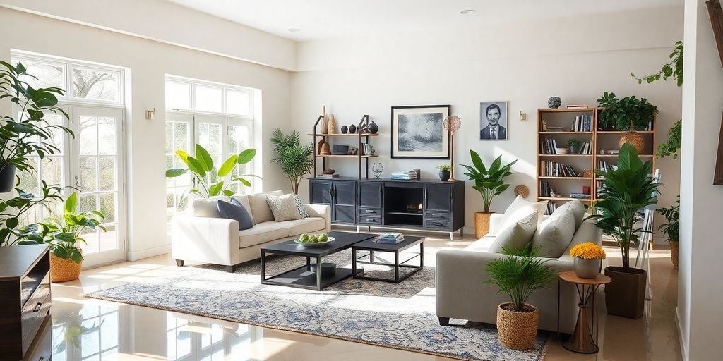 Clean living room with sunlight and organized furniture.