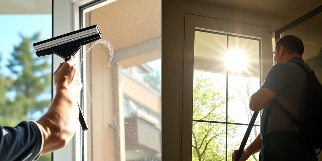 Person cleaning window; professional cleaner with equipment nearby.