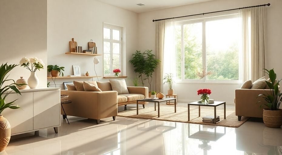 Clean home interior with bright sunlight and organized spaces.