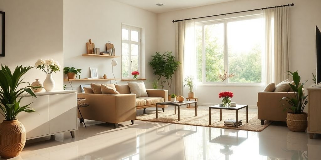 Clean home interior with bright sunlight and organized spaces.