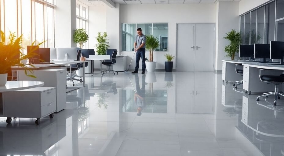 Clean workspace with professional janitorial staff in action.