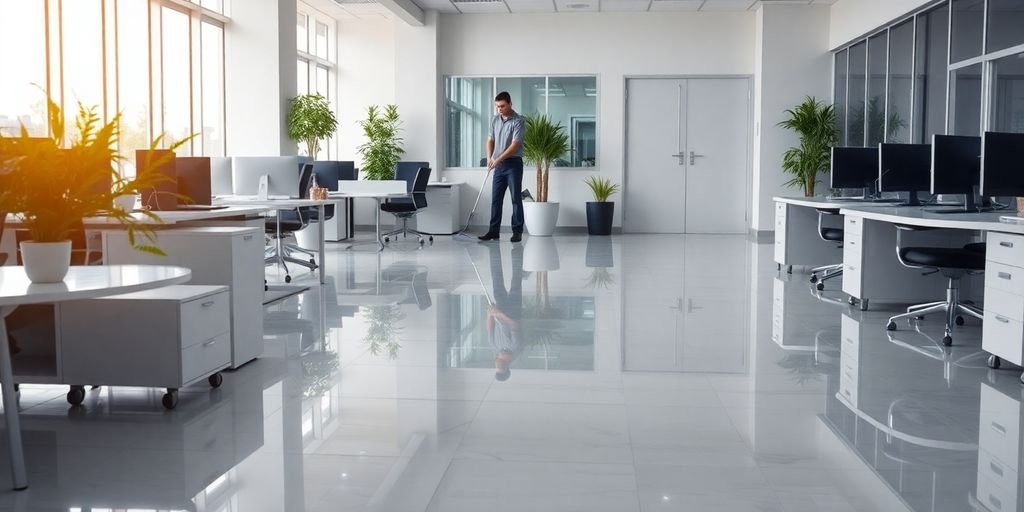 Clean workspace with professional janitorial staff in action.