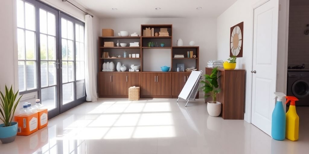 Clean home interior with organized cleaning supplies and surfaces.