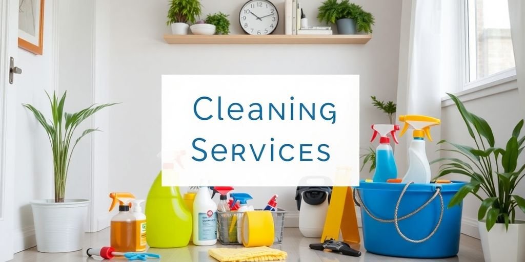 Cleaning supplies and equipment in a tidy home environment.