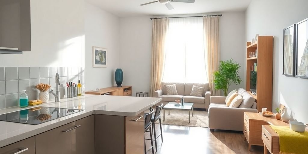 Sparkling clean kitchen and organized living room space.