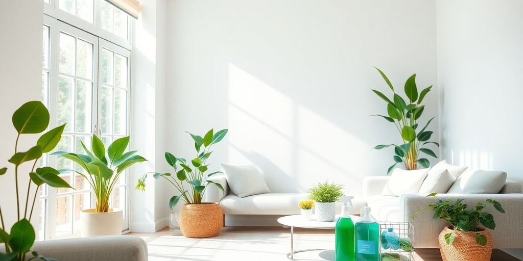 Eco-friendly cleaning supplies in a bright living room.
