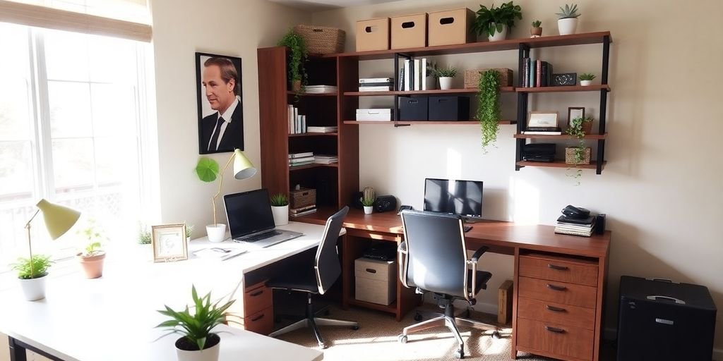 Clean home office with plants and bright natural light.