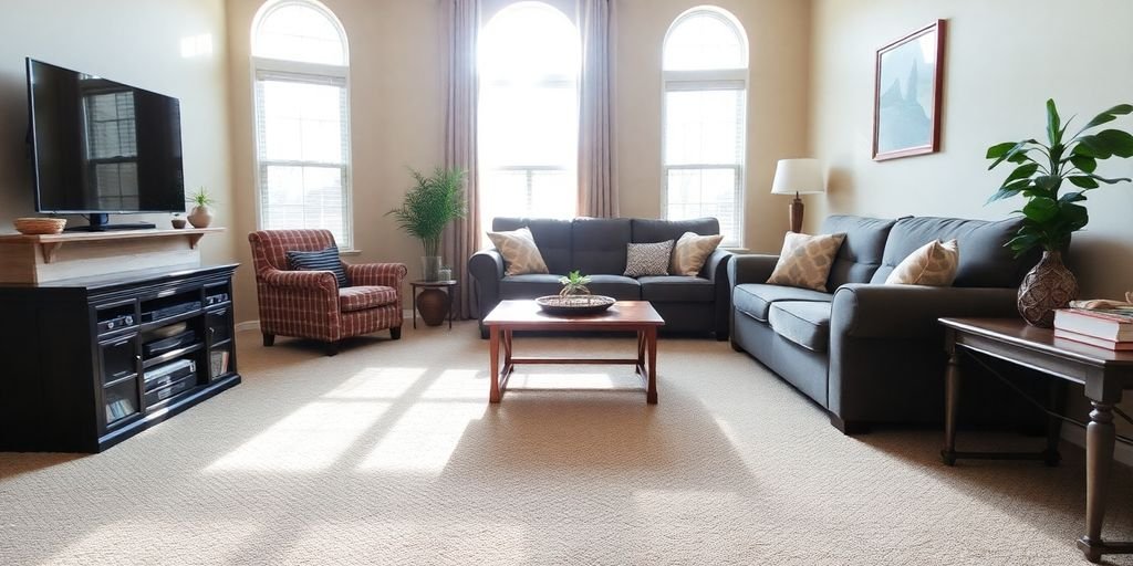 Bright living room with clean carpets and natural light.